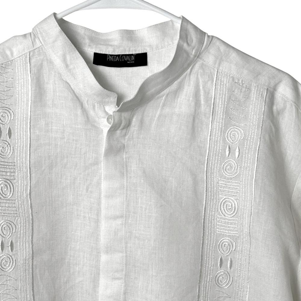 Pineda Covalin Guayabera Shirt Men L White Embroidered Linen Mandarin Collar